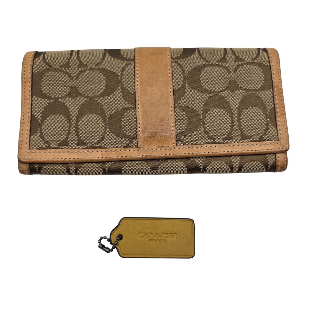 Coach Signature Jacquard Slim Envelope Wallet Tan Leather Trim Brown Monogram O8